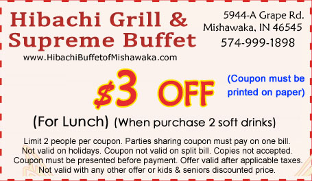 Hibachi Grill & Supreme Buffet — $3 OFF lunch coupon (with 2 soft drinks)